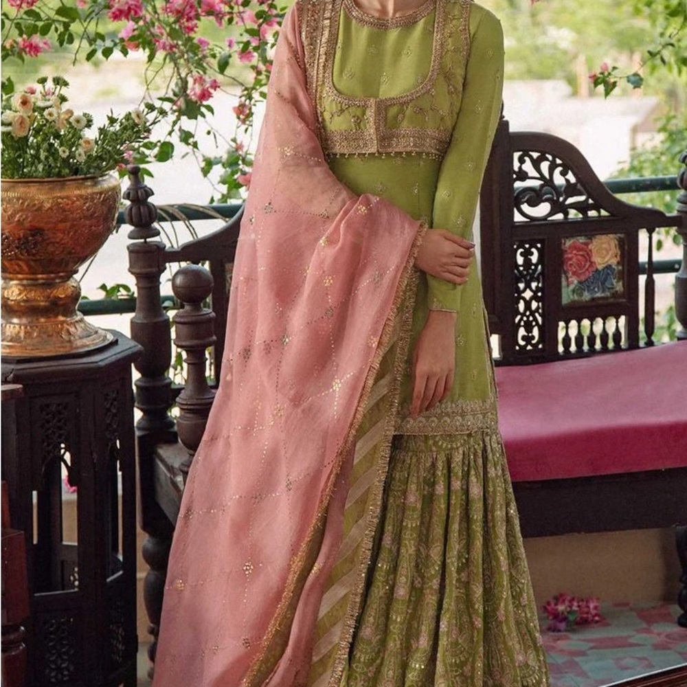 Zara Shahjahan Wedding Formal Gharara Parrot Green + Pink 3-piece